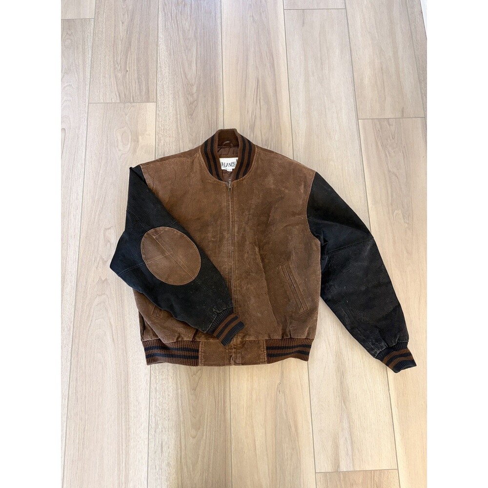 Vtg 90s Avalanche Leather Varsity Bomber Jacket Brown Black Elbow Patch Mens Lg